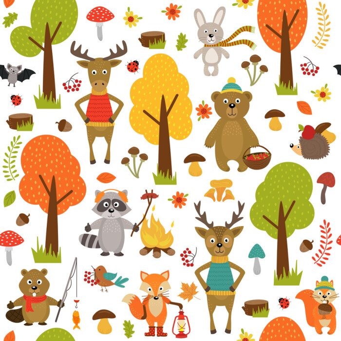 Tableau  Seamless, modèle, animaux, forêt, blanc, fond, vecteur, Illustration, EPS