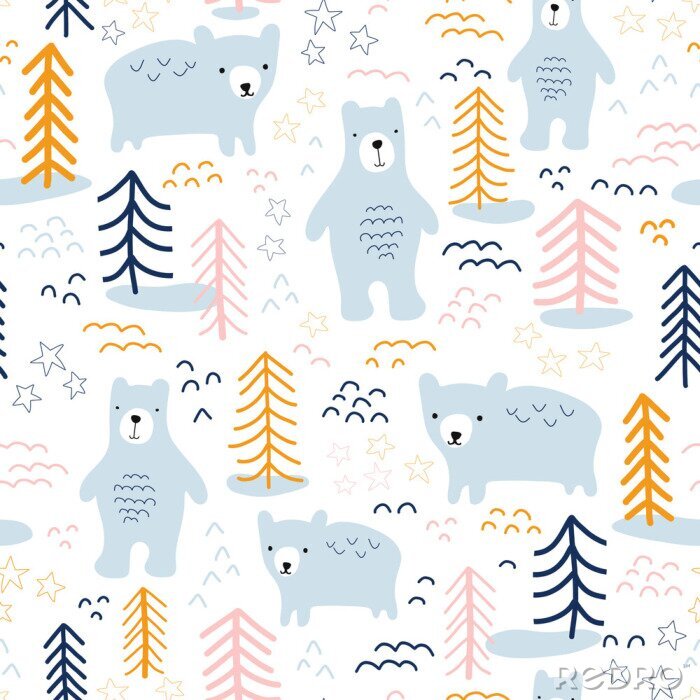 Tableau  Seamless pattern bears in forest hand drawn vector illustration. Scandinavian style repeating animal nature background in blue, yellow, orange, pink on white. For wallpaper, fabric, kids decor, baby