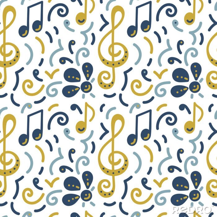 Tableau  Seamless pattern. Doodle vector background, music concert festival. Musical note, treble clef, flowers