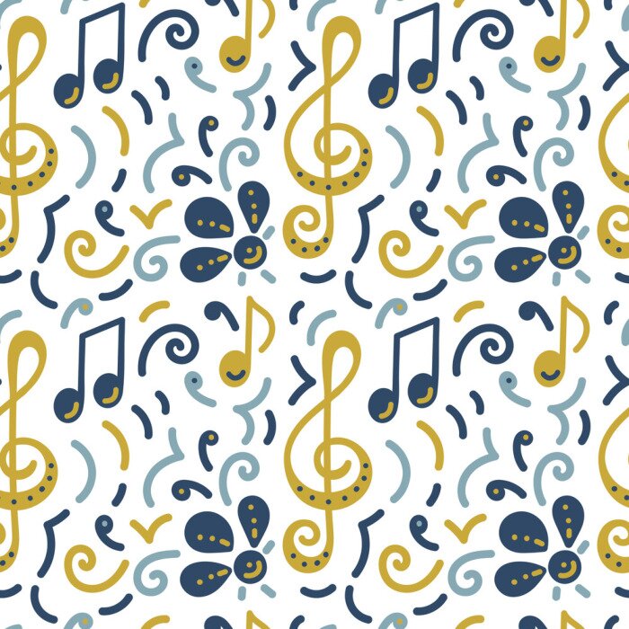Tableau  Seamless pattern. Doodle vector background, music concert festival. Musical note, treble clef, flowers