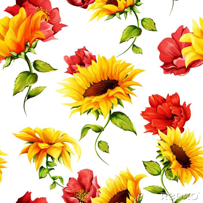 Tableau  Seamless pattern of sunflowers with pomegranate buds on white. Abstract. Hand drawn. Watercolor. Vector - stock