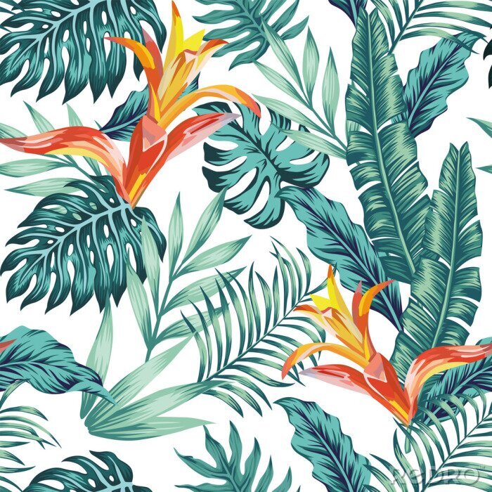 Tableau  Seamless pattern tropical leaves flowers white background