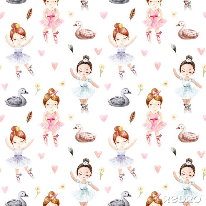 Tableau  Seamless pattern. Watercolor ballerina. Hand painted illustration isolated white background.