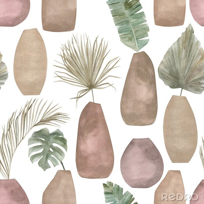 Tableau  Seamless pattern with abstract botanical compositions with vase.  Trendy watercolor print with elements of exotic palm leaves on white background. Modern minimalist art.