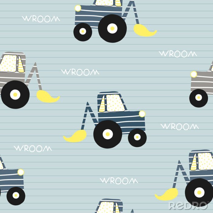Tableau  Seamless pattern with bulldozer. Kids funny textile print. Vector hand drawn illustration.