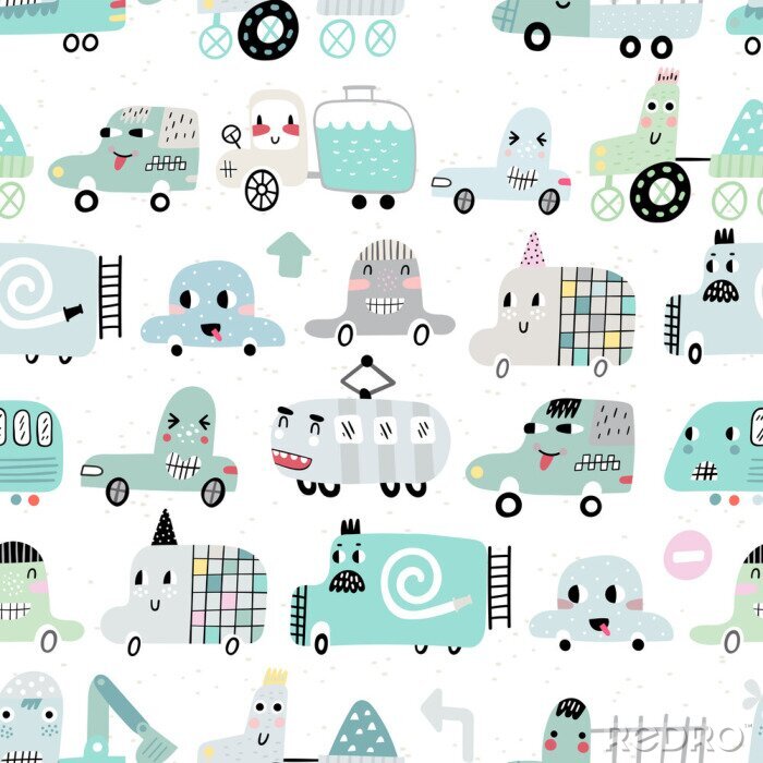 Tableau  Seamless pattern with cute cars. Cartoon cars. Perfect for kids fabric, textile, nursery wallpaper. Vector Illustration.