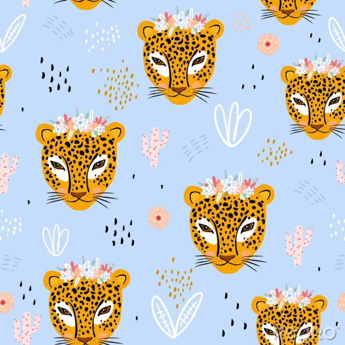 Tableau  Seamless pattern with cute hand drawn leopard faces. Creative childish jungle background. Perfect for kids apparel,fabric, textile, nursery decoration,wrapping paper.Vector Illustration
