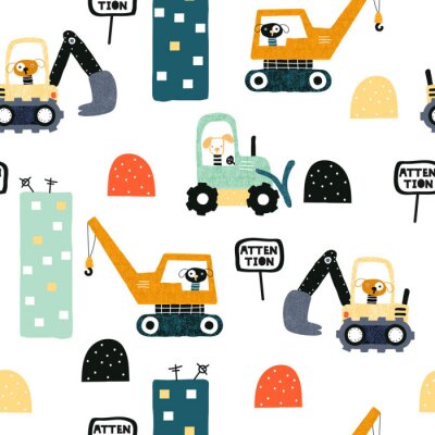 Seamless pattern with dog worker and heavy transports. Kids funny print. Vector hand drawn illustration.