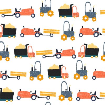 Seamless pattern with funny farm transports. Kids trendy print. Vector hand drawn illustration.