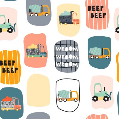 Seamless pattern with funny transport. Trendy kids print. Vector hand drawn illustration.
