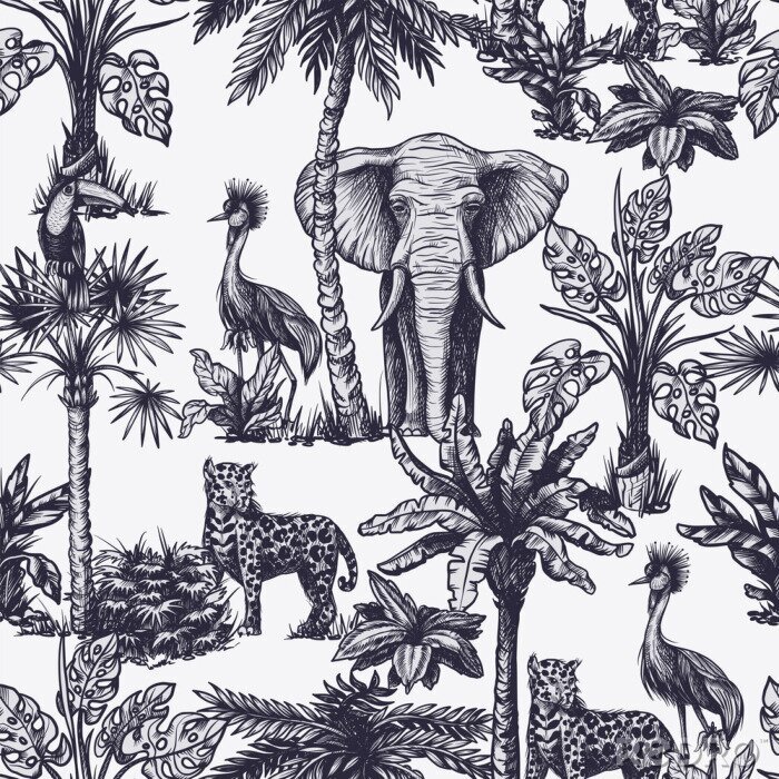 Tableau  Seamless pattern with graphic tropical treees and jungle animals. Vector.