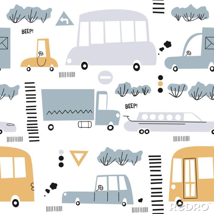 Tableau  Seamless pattern with hand drawn cute car. Perfect for kids fabric,textile,nursery wallpaper.