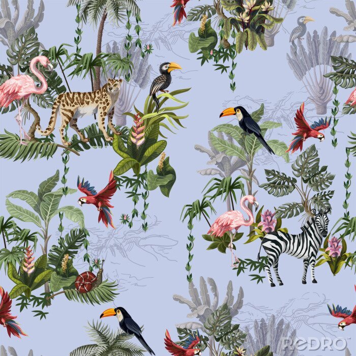 Tableau  Seamless pattern with jungle animals, flowers and trees. Vector.