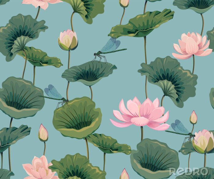 Tableau  seamless pattern with lotuses and dragonflies