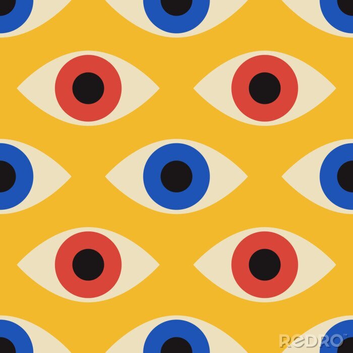 Tableau  Seamless pattern with minimal 20s geometric design with eyes, vector template with primitive shapes elements