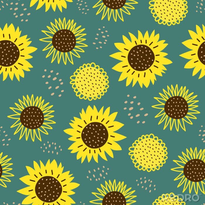 Tableau  Seamless pattern with sun flowers. Cute hand drawn cartoon childish drawing style. Colorful background with ink texture vector illustration, good for fashion textile print.