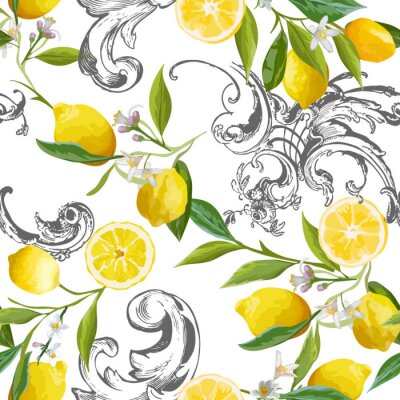 Seamless Pattern with vintage barocco design with yellow Lemon Fruits, Floral Background with Flowers, Leaves, Lemons for Wallpaper, Fabric, Print. Vector illustration