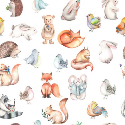 Seamless pattern with watercolor cute forest animals, dessinée isolé sur fond blanc