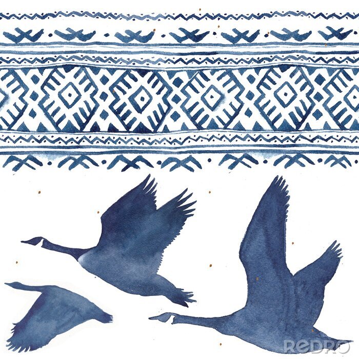 Tableau  Seamless pattern with watercolor realistic a flock of geese silhouette and national ornament in blue colors