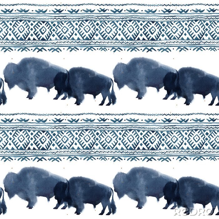 Tableau  Seamless pattern with watercolor realistic bison silhouette and national ornament in blue colors on white background