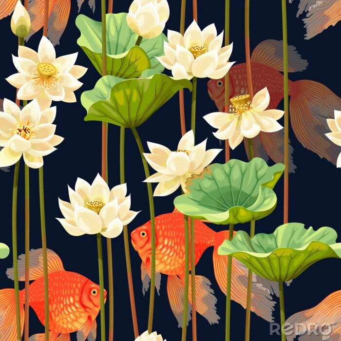 Tableau  Seamless pattern with white lotus and fish