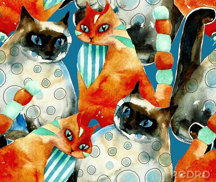Tableau  Seamless red and blue cats pattern from original watercolor hand drawn illustration on blue background