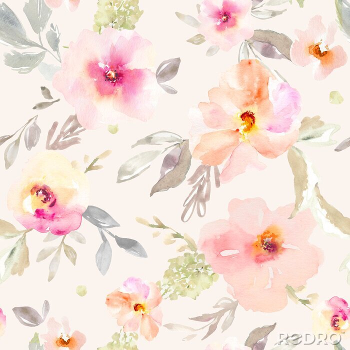 Tableau  Seamless, Repeating Watercolor Flower Background Pattern. Repeating Fashion Design Pattern.