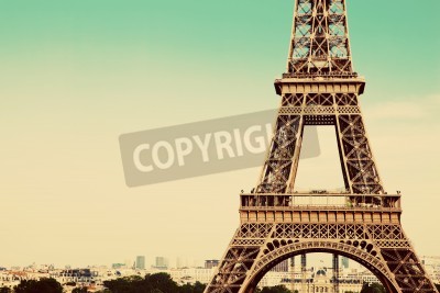 Tableau  Section centrale Tour Eiffel, la ville en arrière-plan, Paris, France. Vintage, style rétro