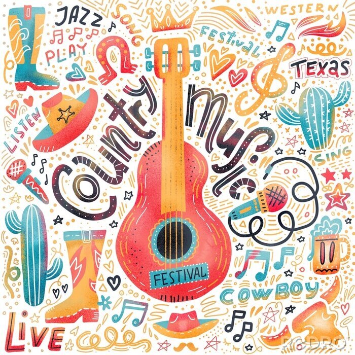 Tableau  Set of Country music elements for postcards or festival banners.  hand drawn illustration in flat doodle style. Guitar with written lettering.