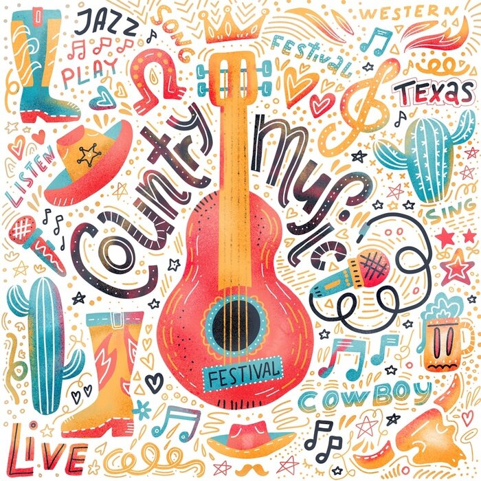 Tableau  Set of Country music elements for postcards or festival banners.  hand drawn illustration in flat doodle style. Guitar with written lettering.