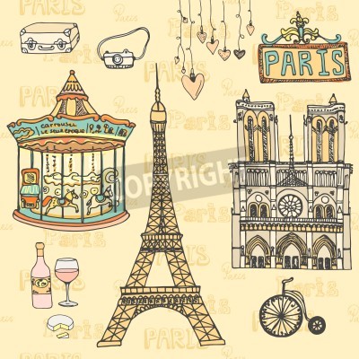 Tableau  Set of Paris symbols made in vector. Eiffel tower, moulin rouge, Notre Dame De Paris, wine, cheese. 