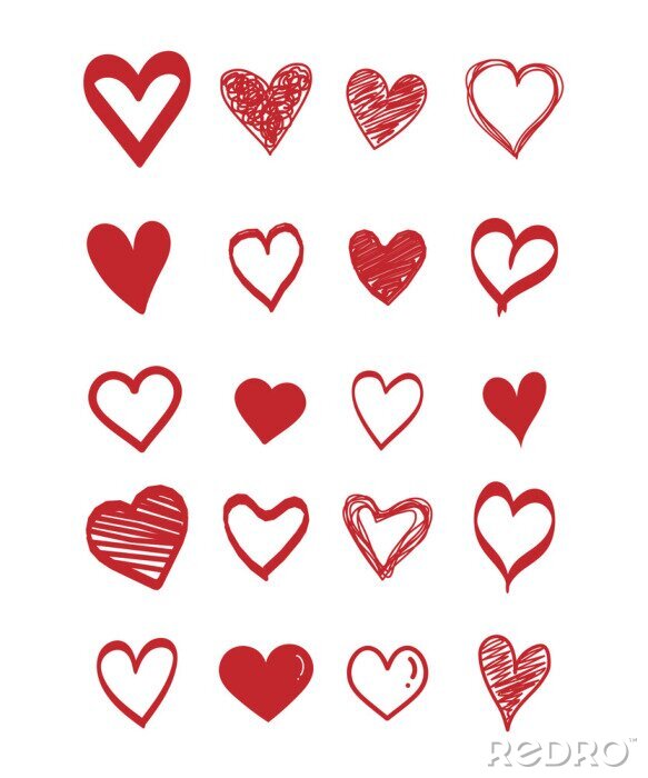 Tableau  Set of scribble red hearts. Collection of heart shapes draw the hand. Symbol of love. Design elements for Valentine's Day card. Vector hearts. Vector illustration.
