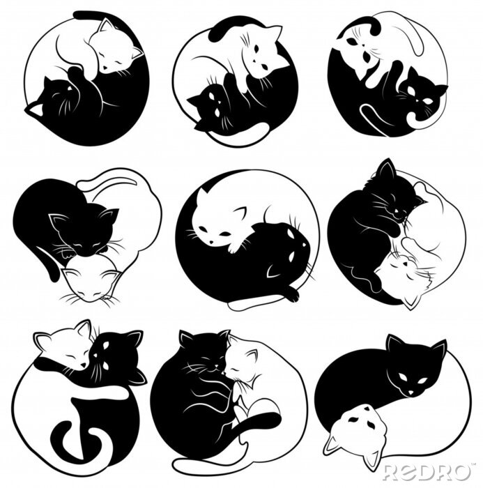 Tableau  Set of  yin yang cats. Collection of simple and cute black and white cats in the shape of yin yang. Vector illustration for the children. Tattoo.