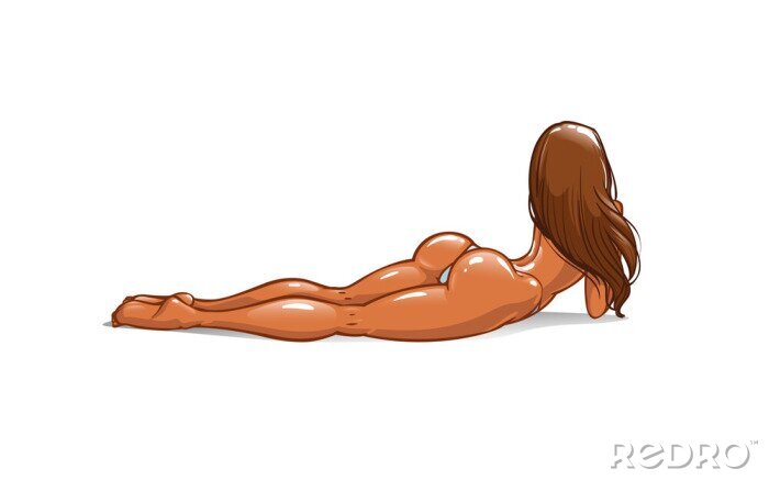 Tableau  Sexy young girl in a bikini with a beautiful round booty and long legs lies on belly with buttocks up. Nude Woman with wet tanned skin, athletic body and erotic ass. Back, rear view. Isolated vector