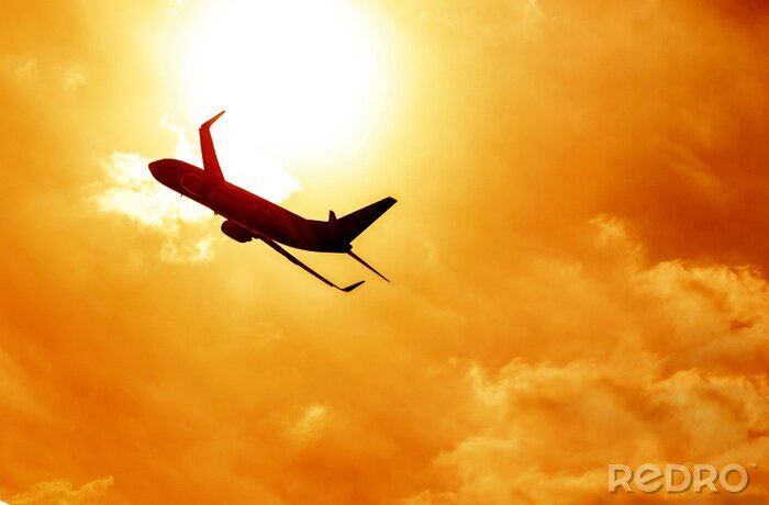 Tableau  Silhouette d'avion sur fond coucher de soleil