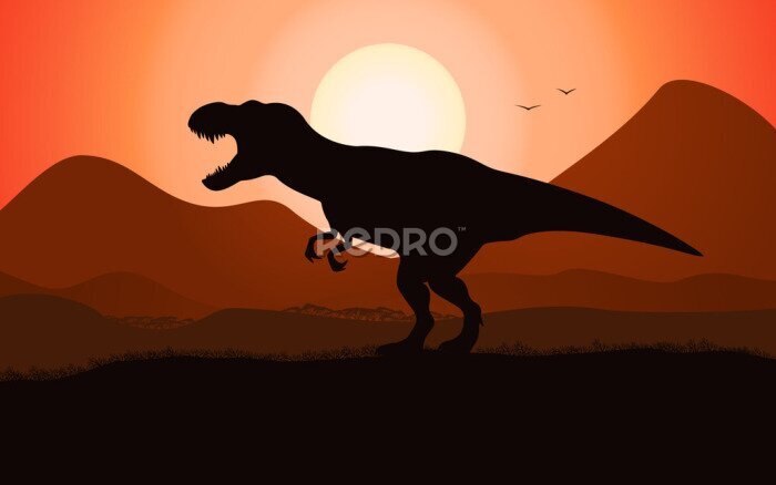 Tableau  Silhouette de Tyrannosaure avec un coucher de soleil en arrière-plan