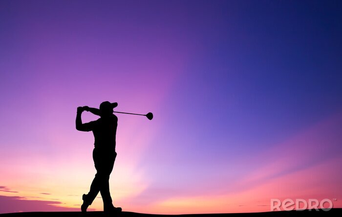 Tableau  Silhouette, golfeur, jouer, golf, beau, coucher soleil