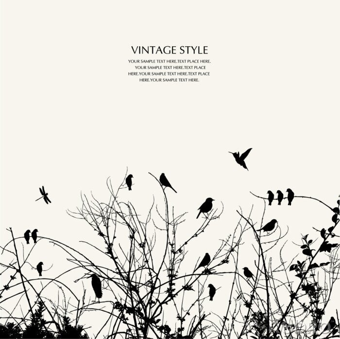 Tableau  Silhouettes de buissons et d'oiseaux sur fond blanc