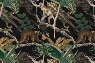 Tableau  Singes sauvages au milieu de plantes dans la jungle
