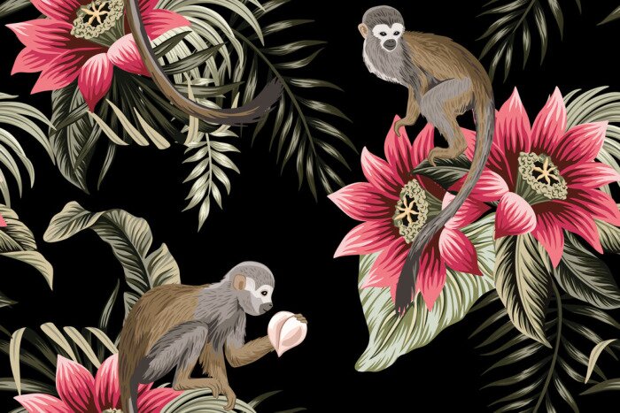 Tableau  Singes sur des fleurs de lotus