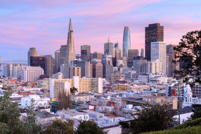 Skyline de San Francisco dans les cieux roses et bleus. Ina Coolbrith Park, San Francisco, Californie, États-Unis.
