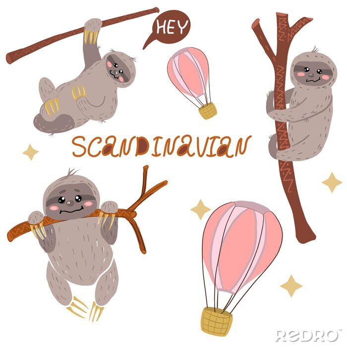 Tableau  sloth drawn in scandinavian style. Vector. Crawling on the tree.