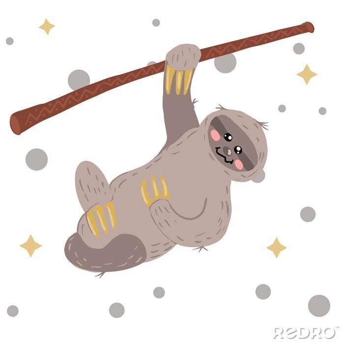 Tableau  sloth drawn in scandinavian style. Vector. Crawling on the tree.