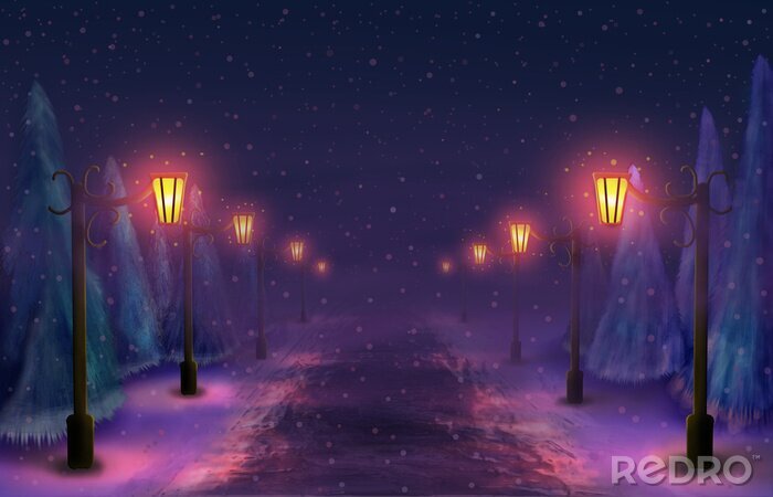 Tableau  Snowy alley in the park at night by the light of lanterns