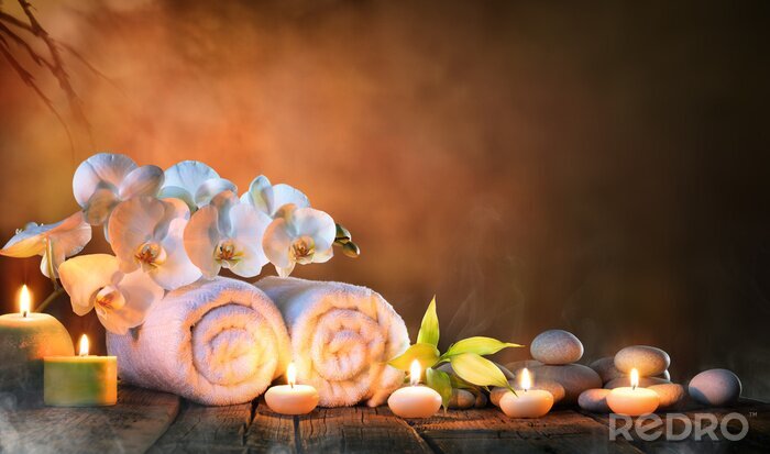 Tableau  Spa - Serviettes De Couple Avec Bougies Et Orchidées Pour Massage Naturel