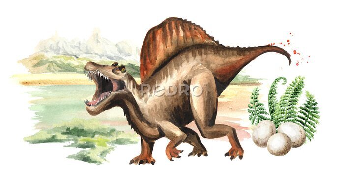 Tableau  Spinosaurus et paysage aquarellé en arrière-plan
