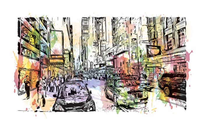 Tableau  Splash aquarelle avec croquis dessinés à la main de New York City, Usa en illustration vectorielle.