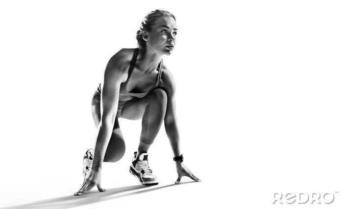 Tableau  Sports background. Runner on the start. Black and white image isolated on white.