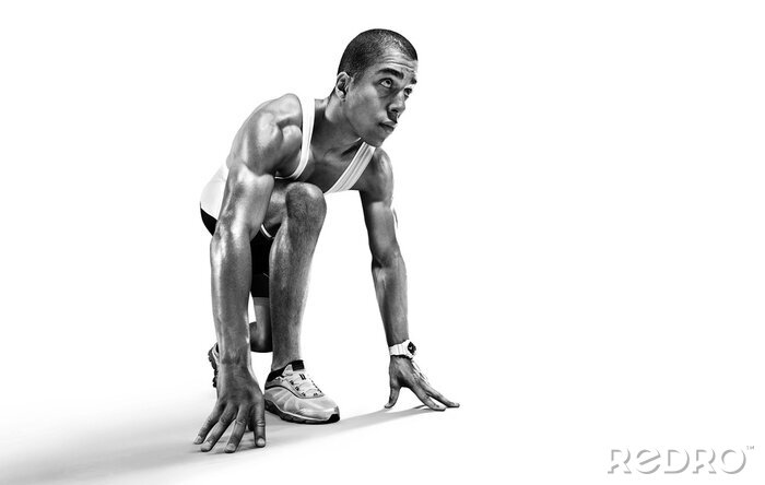 Tableau  Sports background. Runner on the start. Black and white image isolated on white.