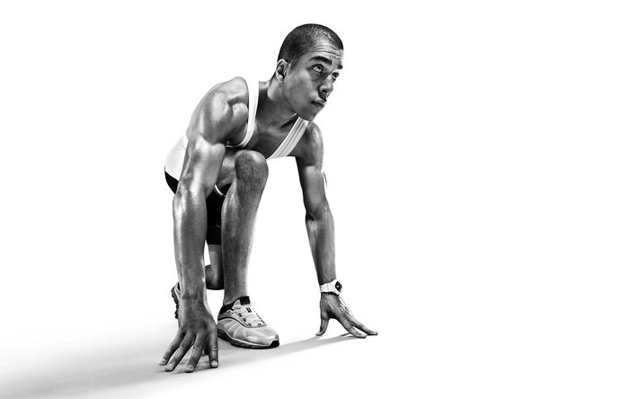 Tableau  Sports background. Runner on the start. Black and white image isolated on white.